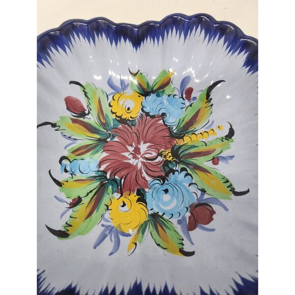 Vintage Portugal Pottery Floral Square Ceramic Serving Bowl Hand Painted Ruffle - Picture 2 of 8